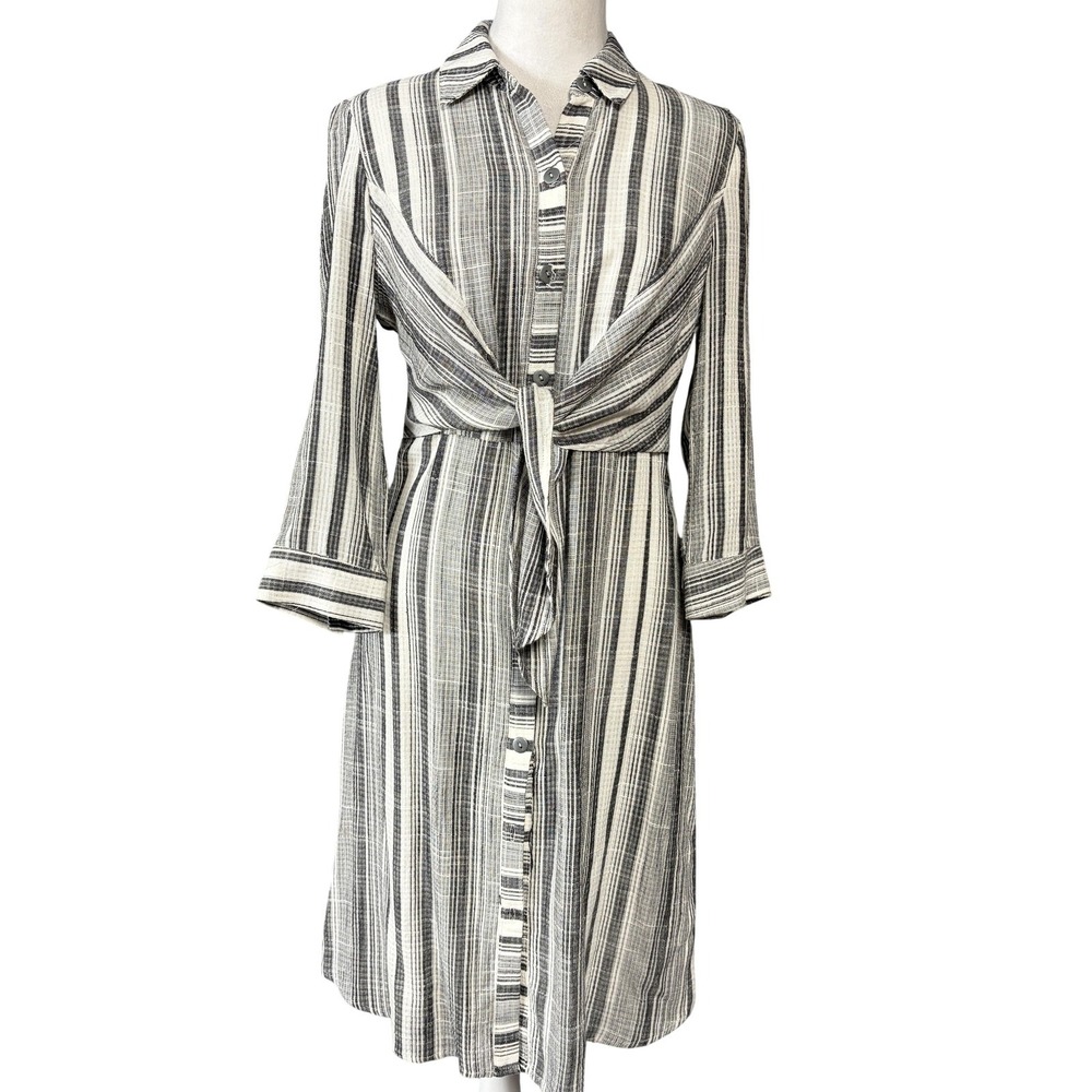 HD In Paris Shirt Dress Womens 2‎ Gray Striped Tie Front Lined Knee 3/4 Sleeve